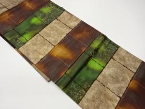 引箔色紙に抽象草花・蝶模様織出し名古屋帯